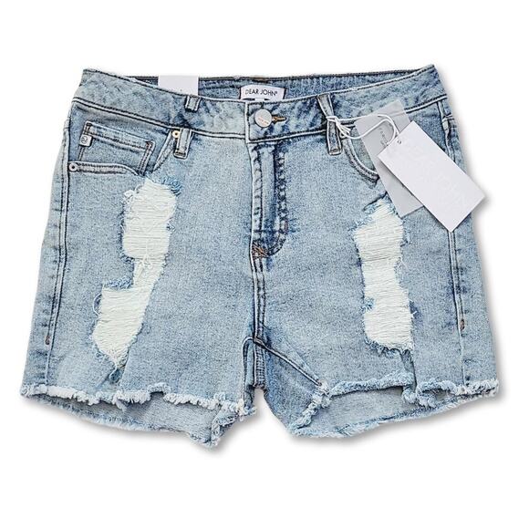 NWT DEAR JOHN Ava High Rise Raw Hem Missing Pocket Destructed Denim Shorts - Picture 7 of 9